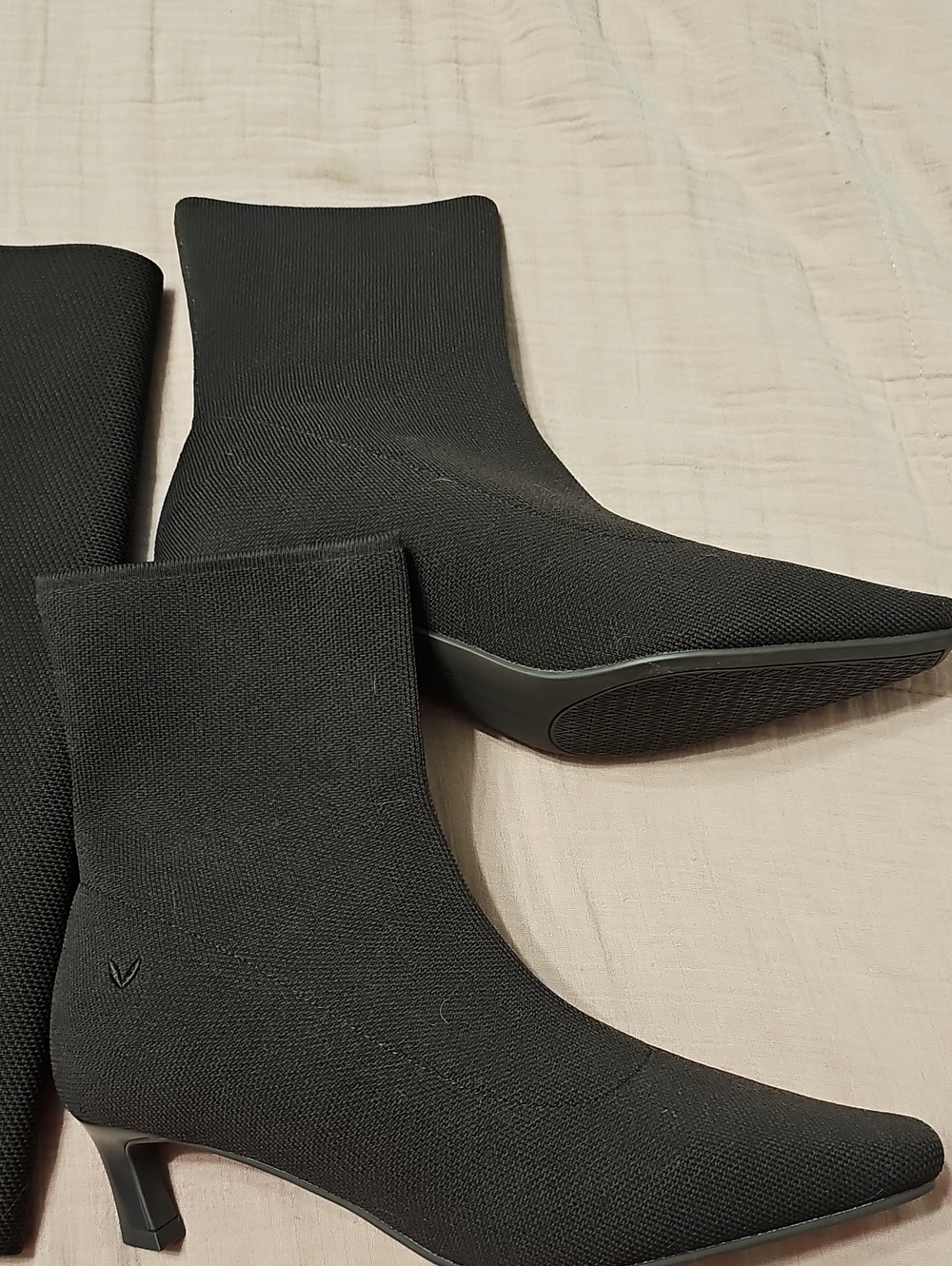 Vivaia Chocolate Knit Sock Ankle Boots with Kitten Heel